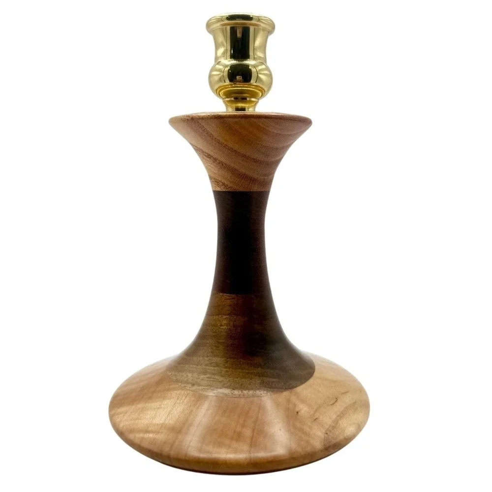Turned Wood Brass Candlestick The Final Turn Artisan Signed Adirondack NY ~ 7